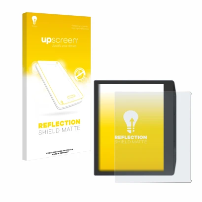 Vorderseite einer Produktverpackung mit dem Markenlogo upscreen. Daneben ist das Gerät PocketBook Era Color mit dem zugehörige