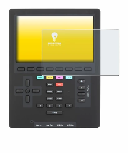Abbildung des Geräts Polyend Tracker Mini mit einer Vielzahl des Displayschutzes.