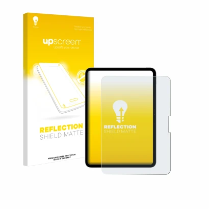 Vorderseite einer Produktverpackung mit dem Markenlogo upscreen. Daneben ist das Gerät Apple iPad Pro 11" 2024 mit dem zugehör