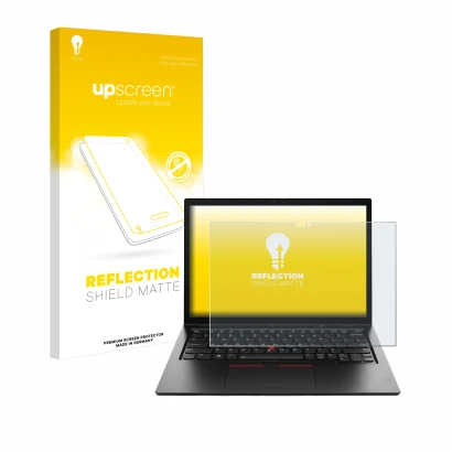 Vorderseite einer Produktverpackung mit dem Markenlogo upscreen. Daneben ist das Gerät Lenovo ThinkPad L13 2-in-1 Gen 5 mit de