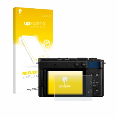 Vorderseite einer Produktverpackung mit dem Markenlogo upscreen. Daneben ist das Gerät Panasonic Lumix DC-S9 mit dem zugehörig