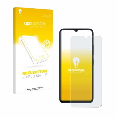 Vorderseite einer Produktverpackung mit dem Markenlogo upscreen. Daneben ist das Gerät Wiko T20 mit dem zugehörigen Displaysch