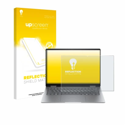 Vorderseite einer Produktverpackung mit dem Markenlogo upscreen. Daneben ist das Gerät HP Envy x360 14 2-in-1 mit dem zugehöri