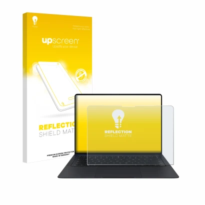 Vorderseite einer Produktverpackung mit dem Markenlogo upscreen. Daneben ist das Gerät Huawei MateBook X Pro 2024 mit dem zuge