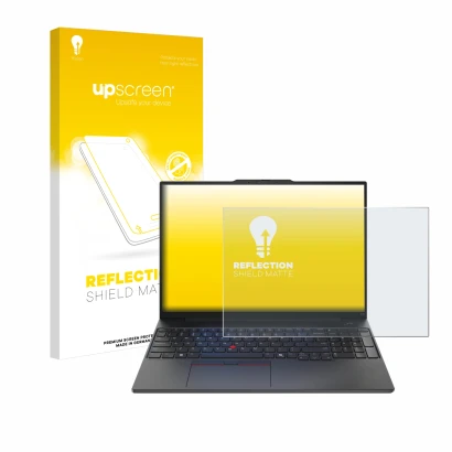 Vorderseite einer Produktverpackung mit dem Markenlogo upscreen. Daneben ist das Gerät Lenovo ThinkPad E16 Gen 2 mit dem zugeh