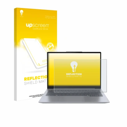 Vorderseite einer Produktverpackung mit dem Markenlogo upscreen. Daneben ist das Gerät Lenovo ThinkBook 14 Gen 7 mit dem zugeh