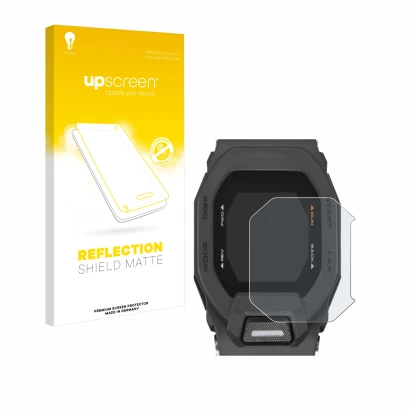 Vorderseite einer Produktverpackung mit dem Markenlogo upscreen. Daneben ist das Gerät Casio G-Shock GBD-200 mit dem zugehörig