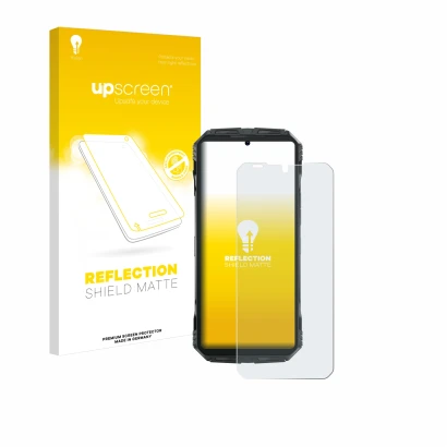 Vorderseite einer Produktverpackung mit dem Markenlogo upscreen. Daneben ist das Gerät Doogee S Punk mit dem zugehörigen Displ