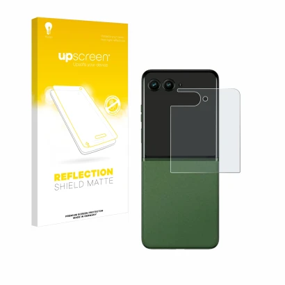 Vorderseite einer Produktverpackung mit dem Markenlogo upscreen. Daneben ist das Gerät Motorola Razr 50 Ultra (Hinteres Displa