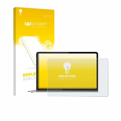 Vorderseite einer Produktverpackung mit dem Markenlogo upscreen. Daneben ist das Gerät Lenovo Tab Plus mit dem zugehörigen Dis