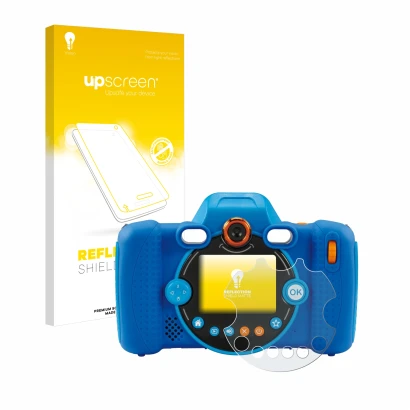 Vorderseite einer Produktverpackung mit dem Markenlogo upscreen. Daneben ist das Gerät Vtech Kidizoom Duo FX mit dem zugehörig