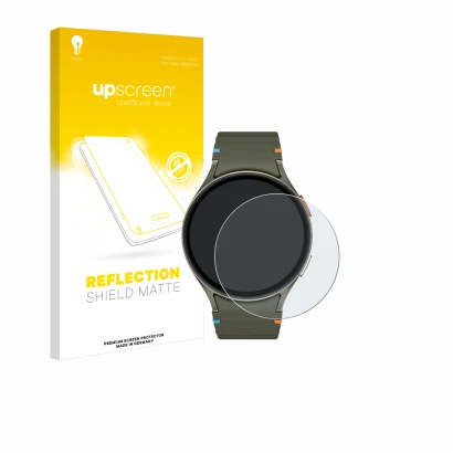 Vorderseite einer Produktverpackung mit dem Markenlogo upscreen. Daneben ist das Gerät Samsung Galaxy Watch 7 (44 mm) mit dem 