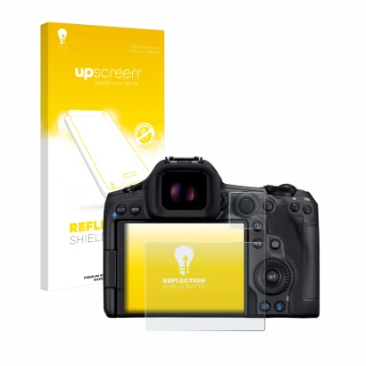 Vorderseite einer Produktverpackung mit dem Markenlogo upscreen. Daneben ist das Gerät Canon EOS R5 Mark II mit dem zugehörige