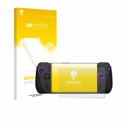 Vorderseite einer Produktverpackung mit dem Markenlogo upscreen. Daneben ist das Gerät ASUS ROG Ally X (2024) mit dem zugehöri