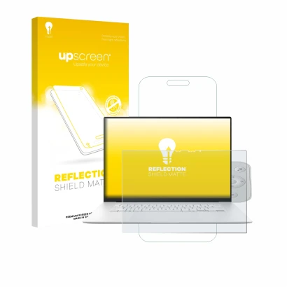 Vorderseite einer Produktverpackung mit dem Markenlogo upscreen. Daneben ist das Gerät ASUS ZenBook S 16 mit dem zugehörigen D