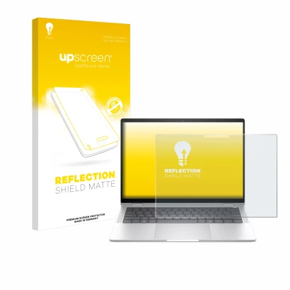 Vorderseite einer Produktverpackung mit dem Markenlogo upscreen. Daneben ist das Gerät HP EliteBook x360 1040 14 G11 2-in-1 mi