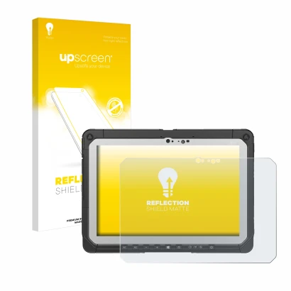 Vorderseite einer Produktverpackung mit dem Markenlogo upscreen. Daneben ist das Gerät Panasonic Toughbook CF-20 MK2 mit dem z