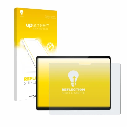 Vorderseite einer Produktverpackung mit dem Markenlogo upscreen. Daneben ist das Gerät Microsoft Surface Pro 11 mit dem zugehö