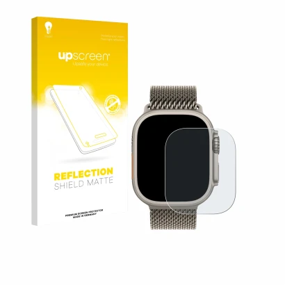 Vorderseite einer Produktverpackung mit dem Markenlogo upscreen. Daneben ist das Gerät Apple Watch Ultra 3 mit dem zugehörigen