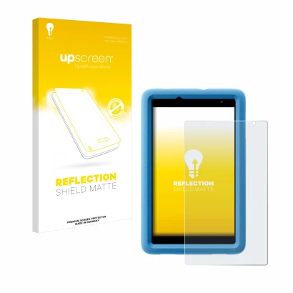 Vorderseite einer Produktverpackung mit dem Markenlogo upscreen. Daneben ist das Gerät Blackview Tab A5 Kids mit dem zugehörig