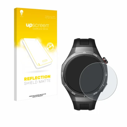 Vorderseite einer Produktverpackung mit dem Markenlogo upscreen. Daneben ist das Gerät Huawei Watch GT 5 Pro (46 mm) mit dem z