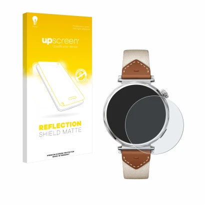 Vorderseite einer Produktverpackung mit dem Markenlogo upscreen. Daneben ist das Gerät Huawei Watch GT 5 (41 mm) mit dem zugeh