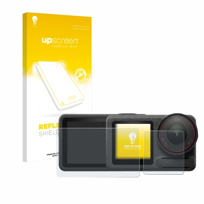 Vorderseite einer Produktverpackung mit dem Markenlogo upscreen. Daneben ist das Gerät DJI Osmo Action 5 Pro mit dem zugehörig
