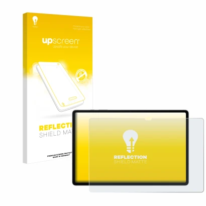 Vorderseite einer Produktverpackung mit dem Markenlogo upscreen. Daneben ist das Gerät Samsung Galaxy Tab S10 Plus 5G mit dem 