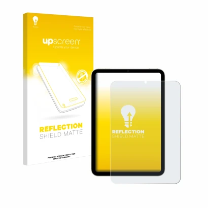 Vorderseite einer Produktverpackung mit dem Markenlogo upscreen. Daneben ist das Gerät Apple iPad Mini 7 2024 mit dem zugehöri