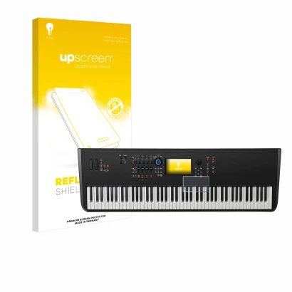 Vorderseite einer Produktverpackung mit dem Markenlogo upscreen. Daneben ist das Gerät Yamaha MODX8+ mit dem zugehörigen Displ