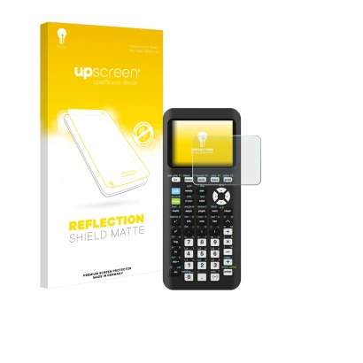 Vorderseite einer Produktverpackung mit dem Markenlogo upscreen. Daneben ist das Gerät Texas Instruments TI-84 Plus CE-T Pytho