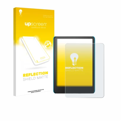 Vorderseite einer Produktverpackung mit dem Markenlogo upscreen. Daneben ist das Gerät Amazon Kindle Paperwhite Kids 2024 mit 