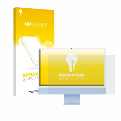 Vorderseite einer Produktverpackung mit dem Markenlogo upscreen. Daneben ist das Gerät Apple iMac 24" M4 2024 mit dem zugehöri