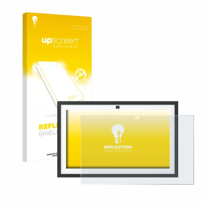 Vorderseite einer Produktverpackung mit dem Markenlogo upscreen. Daneben ist das Gerät Amazon Echo Show 15 2024 mit dem zugehö