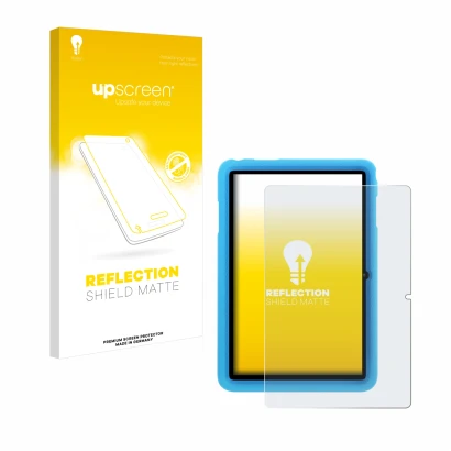 Vorderseite einer Produktverpackung mit dem Markenlogo upscreen. Daneben ist das Gerät Blackview Tab 8 Kids mit dem zugehörige