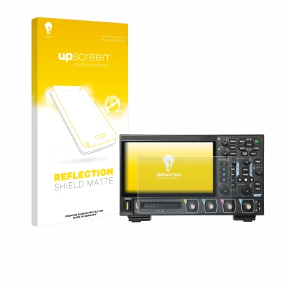 Vorderseite einer Produktverpackung mit dem Markenlogo upscreen. Daneben ist das Gerät Rigol DHO914 mit dem zugehörigen Displa