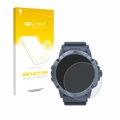 Vorderseite einer Produktverpackung mit dem Markenlogo upscreen. Daneben ist das Gerät Coros Vertix 2S mit dem zugehörigen Dis