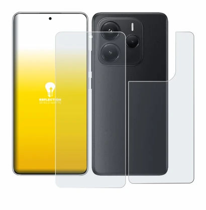 Abbildung des Geräts Xiaomi Redmi Note 14 (Display+Rückseite) mit einer Vielzahl des Displayschutzes.