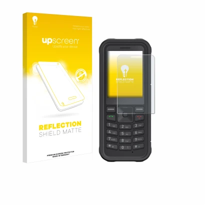Vorderseite einer Produktverpackung mit dem Markenlogo upscreen. Daneben ist das Gerät Sonim XP100 mit dem zugehörigen Display