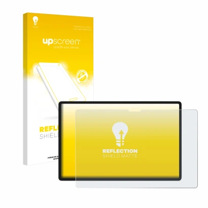 Vorderseite einer Produktverpackung mit dem Markenlogo upscreen. Daneben ist das Gerät Lenovo Yoga Tab Plus 2025 mit dem zugeh