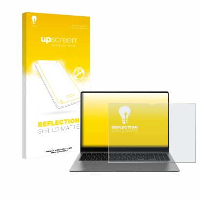 Vorderseite einer Produktverpackung mit dem Markenlogo upscreen. Daneben ist das Gerät Samsung Galaxy Book5 Pro 16