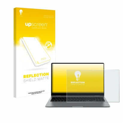 Vorderseite einer Produktverpackung mit dem Markenlogo upscreen. Daneben ist das Gerät Samsung Galaxy Book5 360 15.6" mit dem 