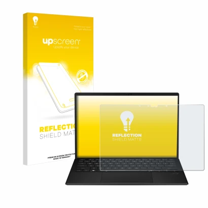 Vorderseite einer Produktverpackung mit dem Markenlogo upscreen. Daneben ist das Gerät ASUS ROG Flow Z13 2025 mit dem zugehöri