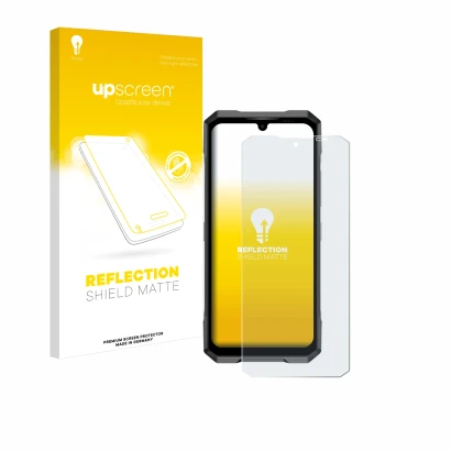 Vorderseite einer Produktverpackung mit dem Markenlogo upscreen. Daneben ist das Gerät Doogee Blade GT mit dem zugehörigen Dis