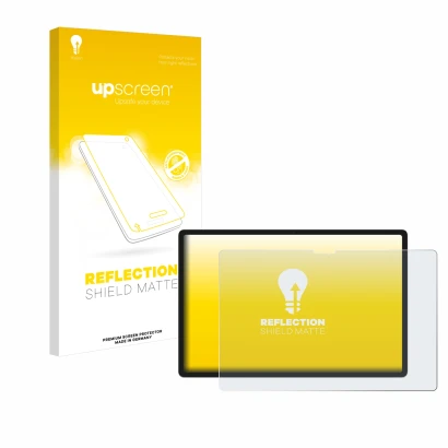 Vorderseite einer Produktverpackung mit dem Markenlogo upscreen. Daneben ist das Gerät Lenovo Yoga Tab 2025 mit dem zugehörige