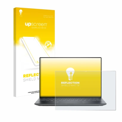 Vorderseite einer Produktverpackung mit dem Markenlogo upscreen. Daneben ist das Gerät Dell Precision 5490 Workstation mit dem