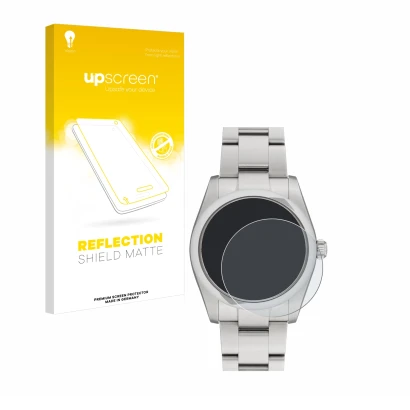 Vorderseite einer Produktverpackung mit dem Markenlogo upscreen. Daneben ist das Gerät Rolex Oyster Perpetual 34 mit dem zugeh