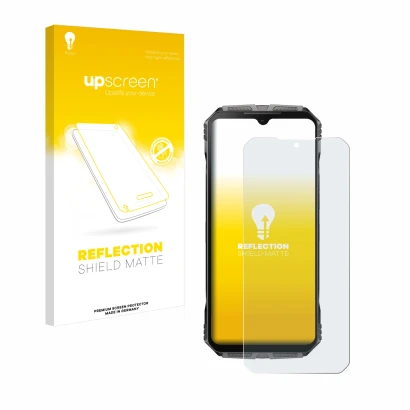 Vorderseite einer Produktverpackung mit dem Markenlogo upscreen. Daneben ist das Gerät Doogee S Cyber Pro mit dem zugehörigen 