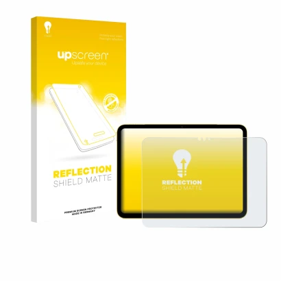 Vorderseite einer Produktverpackung mit dem Markenlogo upscreen. Daneben ist das Gerät Apple iPad Air 11