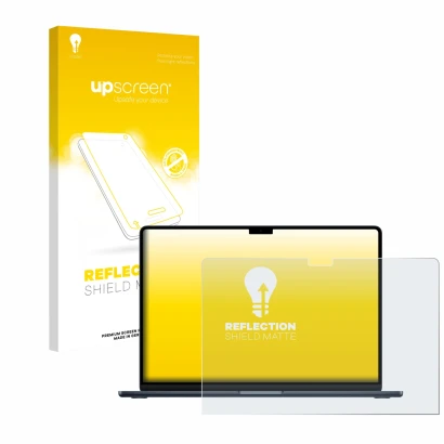 Vorderseite einer Produktverpackung mit dem Markenlogo upscreen. Daneben ist das Gerät Apple MacBook Air 15" M4 2025 mit dem z